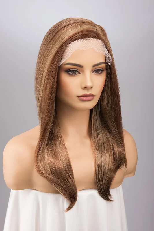 Medium - length wig with a 180 - density for a full and thick appearanceCopper Color with Multi Blonde Highlights Straight Side Part Lace Wig Aidan