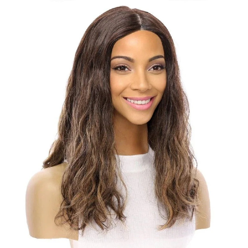 Synthetic medium - length wig with a natural - looking texture19" Nicole Silk Top Wig Dark Brown Balayage Wavy