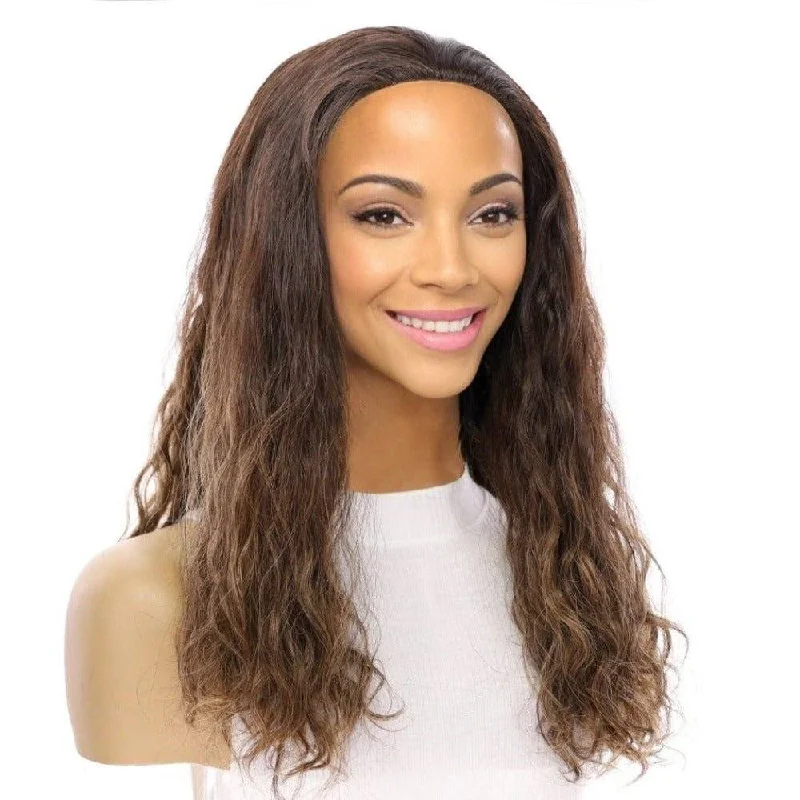 Human - hair medium - length wig for a natural and luxurious feel20" 3/4 Bandfall Wig Dark Brown Balayage Wavy