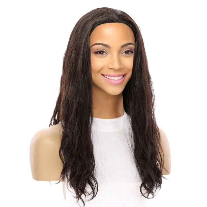 Medium - length wig with a honey - blonde color for a warm and sunny appearance20" 3/4 Bandfall Wig Soft Black Wavy