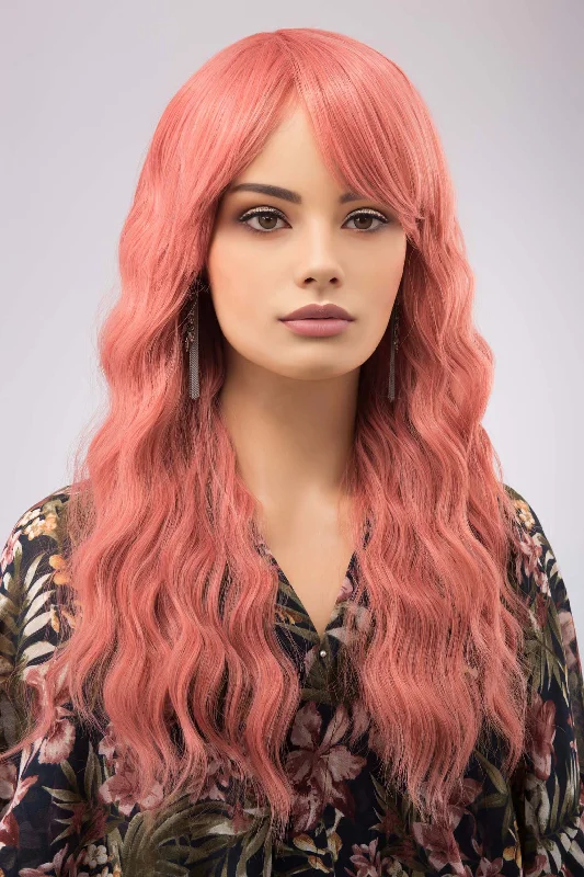 Medium - length wig with a side - swept bang for a sophisticated lookCoral Pastel Pink Wavy Synthetic Wig with Bangs Meera