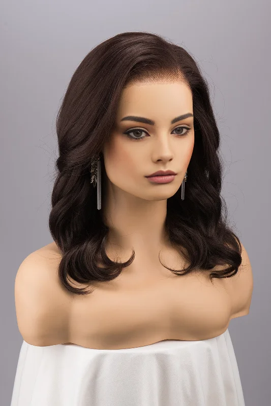 Synthetic medium - length wig with a natural - looking textureDark Brown Brunette Wavy Lace Top Synthetic Wig Erica