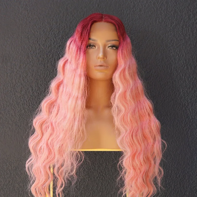 Long - length wig with a silk - base cap for a comfortable and smooth feelDREW Ombre Pink Lace Front Wig