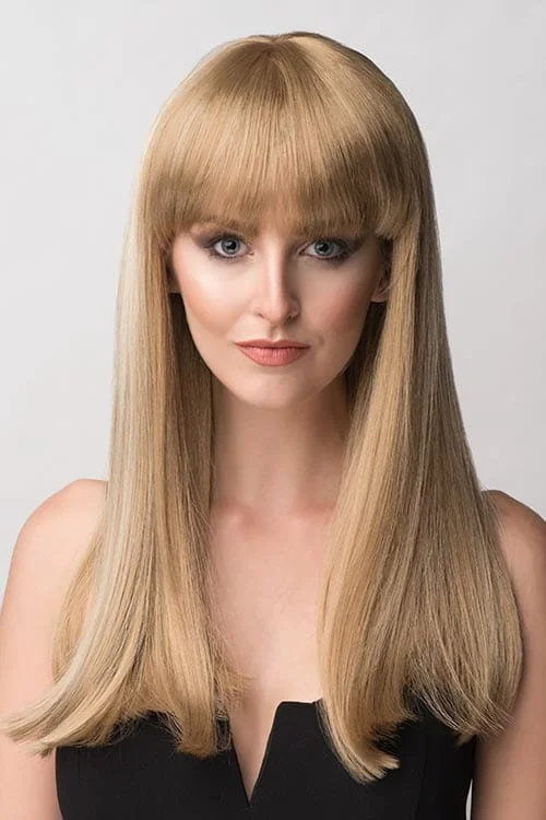 Long - length wig with a platinum - blonde color for a bold and trendy lookLong blonde wig with Highlights and straight fringe: Tilly