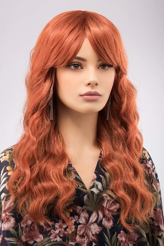 Medium - length wig with a middle - part for a classic and elegant styleGinger Wavy Synthetic Wig with Bangs Maisie