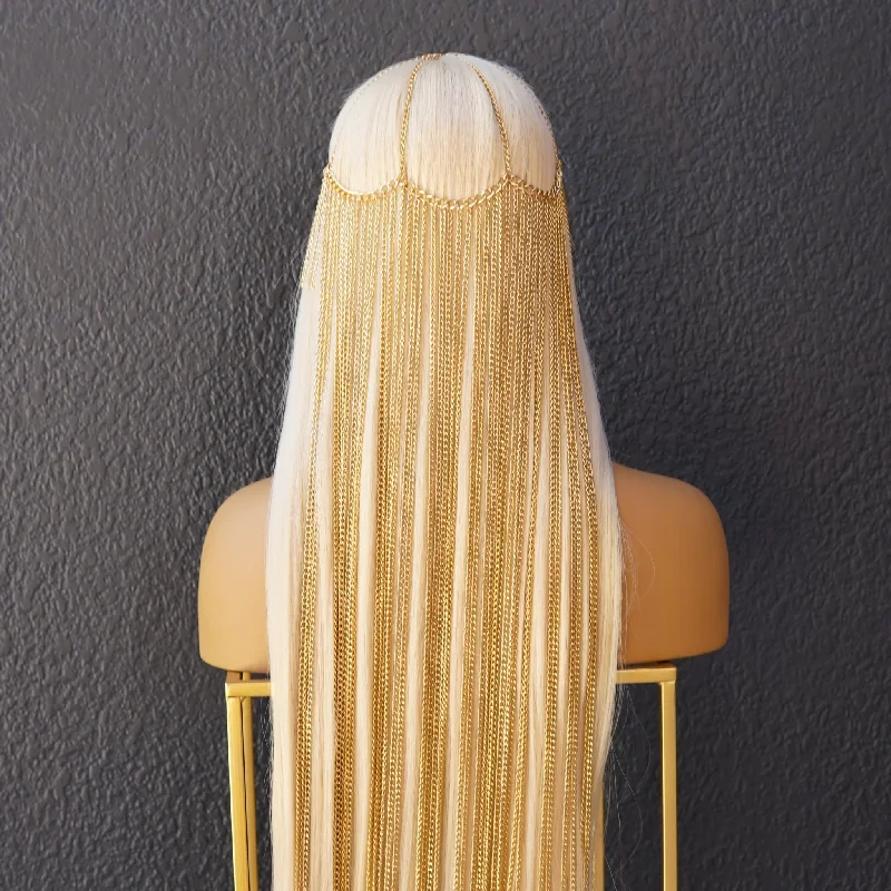 Long - length wig with a straight texture for a sleek and glamorous lookGold Chain Headpiece