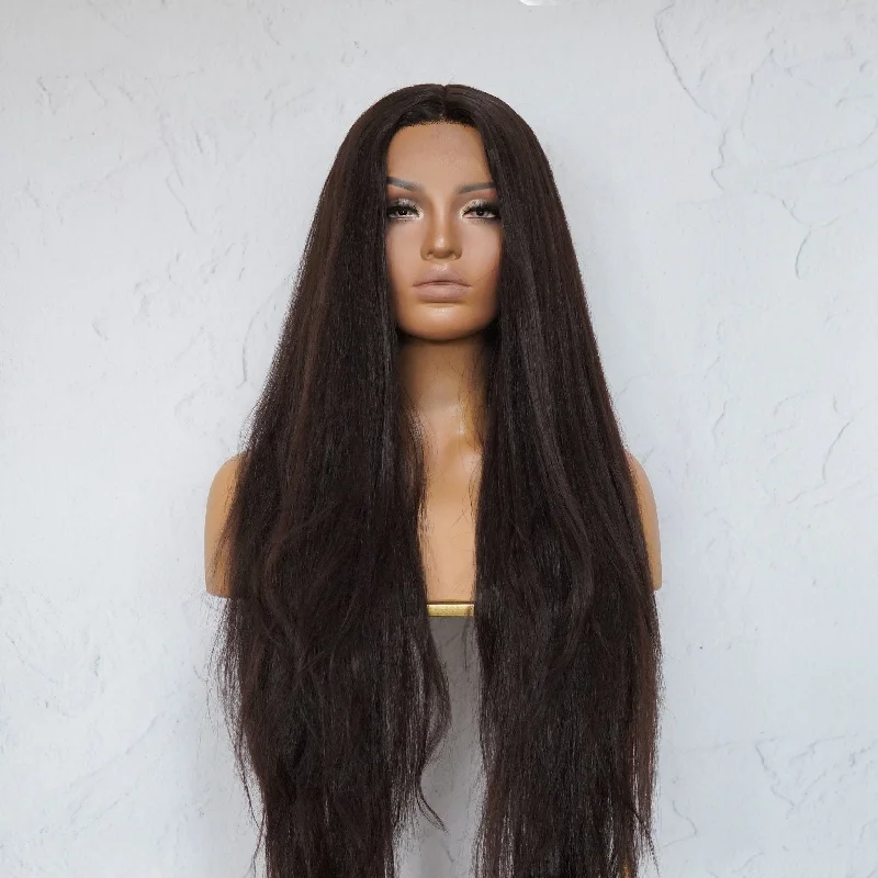 Long - length wig with a side - swept bang for a sophisticated lookHANNAH Darkest Brown Lace Front Wig