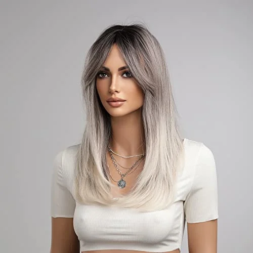 Medium - length wig with a heat - resistant formula for easy styling at homeHeat Resistant Ash Gray Wig