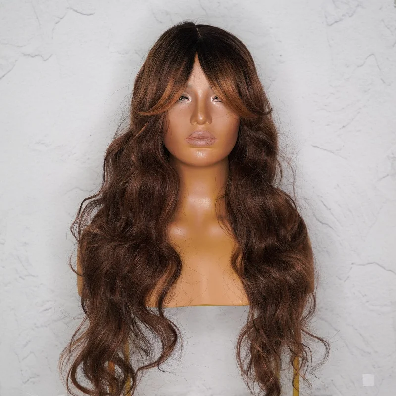 Long - length wig with a side - part for a more flattering lookHENLEY Chocolate Brown Lace Fringe Wig