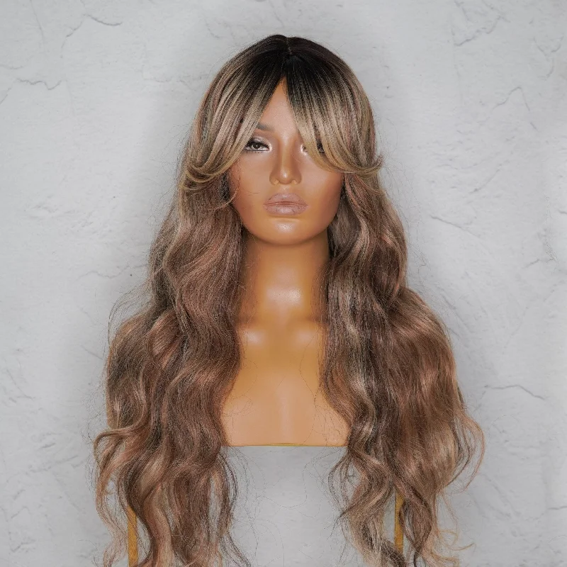 Long - length wig in a jet - black color for a classic appearanceHENLEY Ombre Lace Fringe Wig