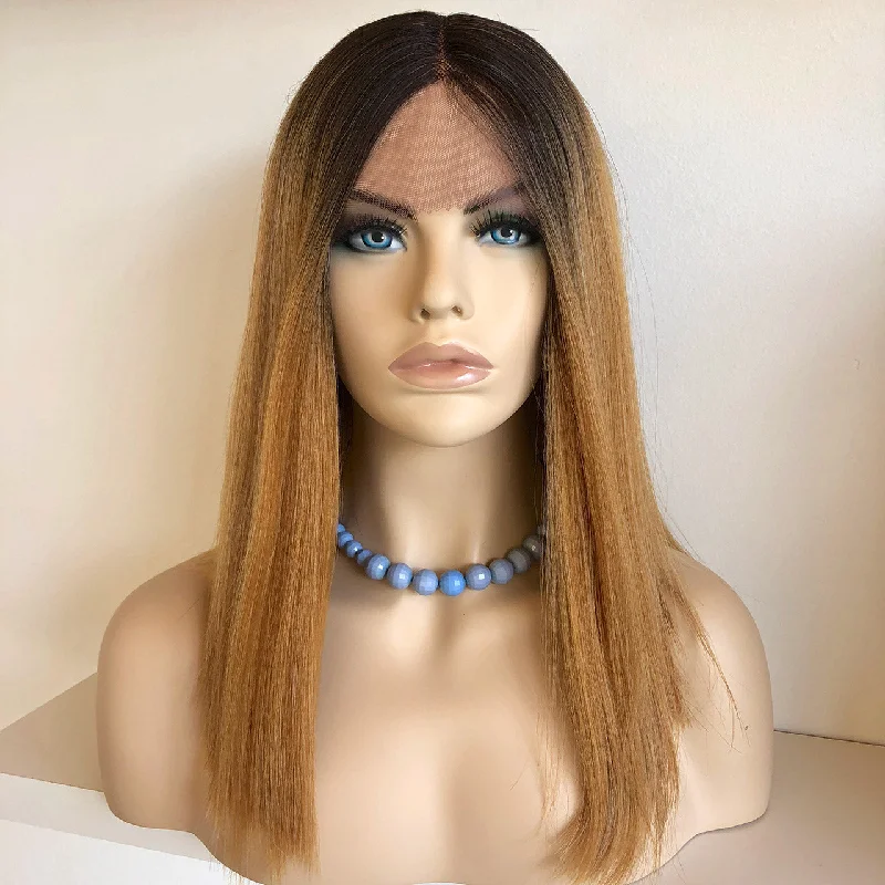 Medium - length wig with a straight texture for a sleek and modern lookJennifer | 16" Honey Blonde w/ Dark Brown Roots Wig