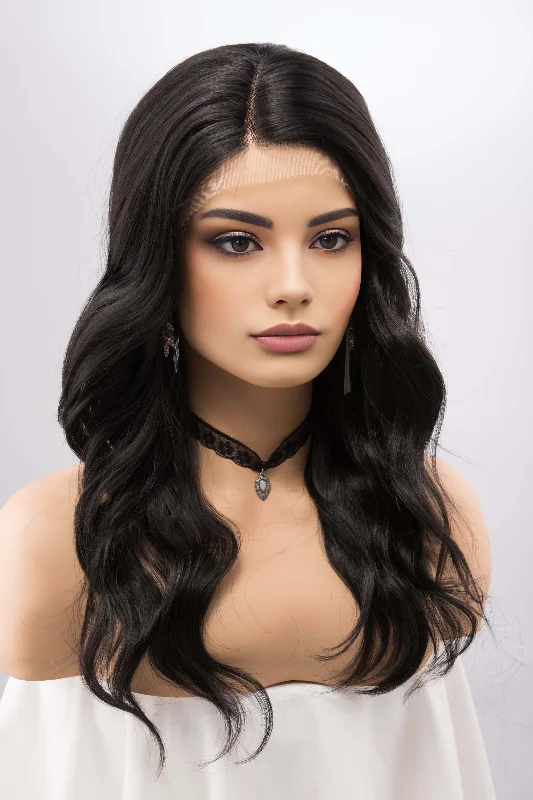 Medium - length wig with a pre - plucked hairline for a more natural lookJet Black Wavy Lace Front Synthetic Wig Megan