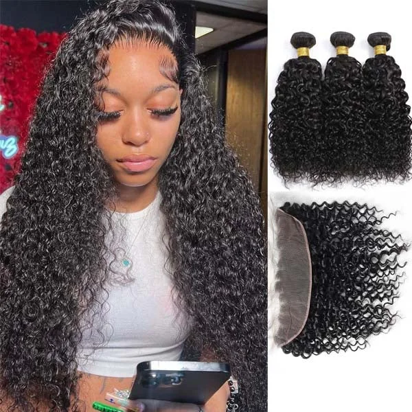 Medium - length wig in a jet - black color for a classic appearanceCurly Bundles with Frontal Kinky Curly 3 Bundles with 13x4 Lace Frontal Closure