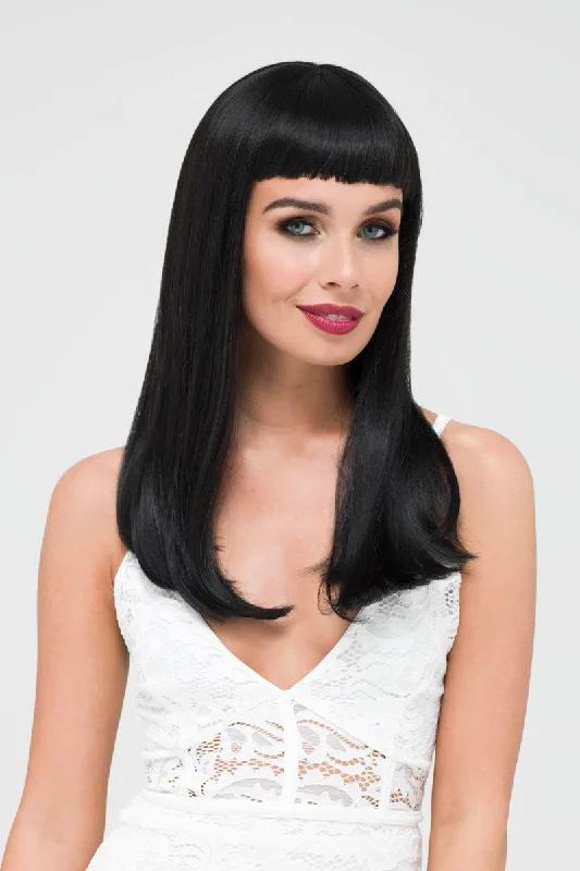 Long - length wig with a side - part for a more flattering lookLong black wig with straight hair and a short, straight fringe: Maxine