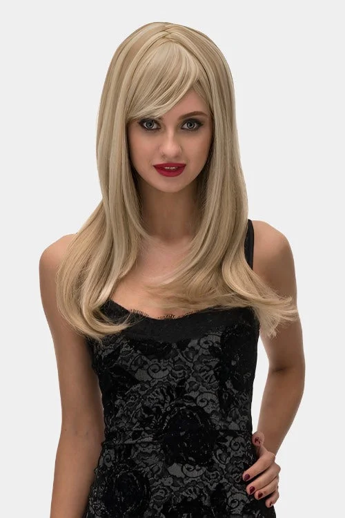 Long - length wig with a wispy fringe for a soft and feminine lookLong blonde wig, face framing with long, side-sweeping fringe: Ashley