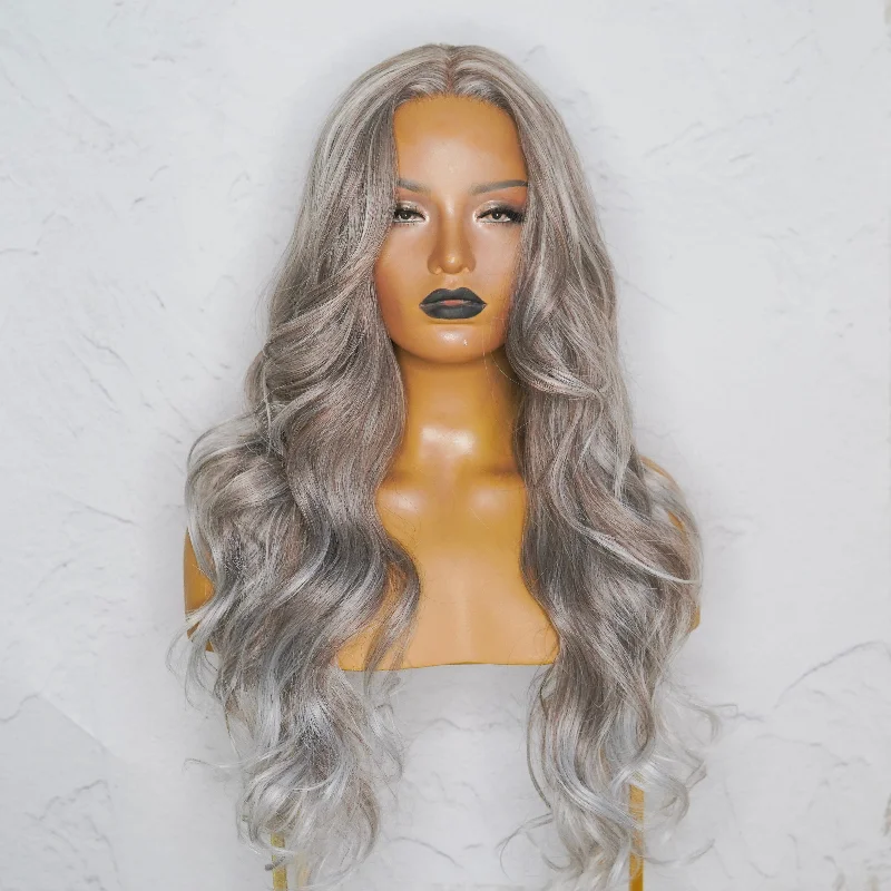 Long - length wig with a 220 - density for an extra - full appearanceMARINA Ash Grey Lace Front Wig