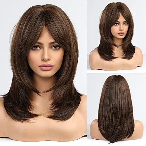 Adjustable - cap medium - length wig for a comfortable fitMedium length layered heat resistant wig with bangs