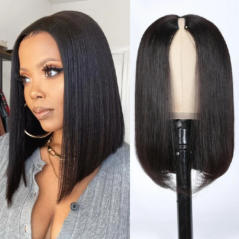 Medium - length wig with a 180 - density for a full and thick appearanceBrazilian V-Part Bob Wig - Mid-Length, Glueless Human Hair