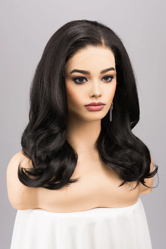 Medium - length wig with a curly texture for a bold and stylish choiceNatural Black Wavy Lace Top Synthetic Wig Maxine