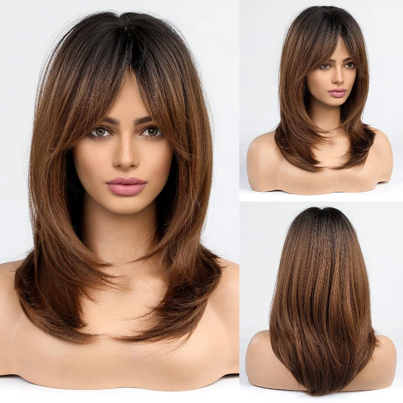 Medium - length wig with a pre - plucked hairline for a more natural lookOmbre Brown Wig With Long Layered Bangs