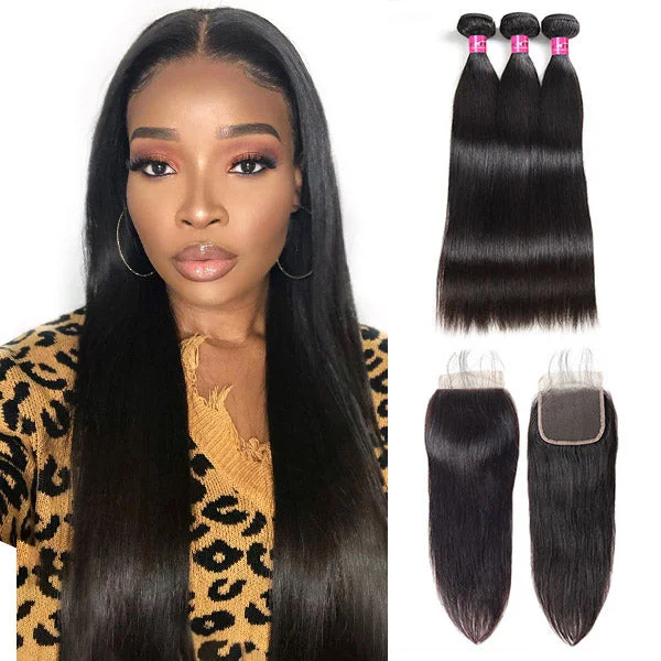 Medium - length wig with a heat - resistant formula for easy styling at homePeruvian Straight Hair 3 Bundles with 4x4 Lace Closure Remy Human Hair Bundles