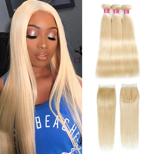 Medium - length wig with a silk - base cap for a comfortable and smooth feel613 Blonde Color Straight Human Hair 3 Bundles with 4x4 Lace Closure