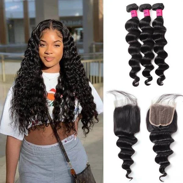 Medium - length wig with a wispy fringe for a soft and feminine look3 Bundles with 4x4 Lace Closure Loose Deep Wave Human Hair with HD Lace Closure Brazilian Hair