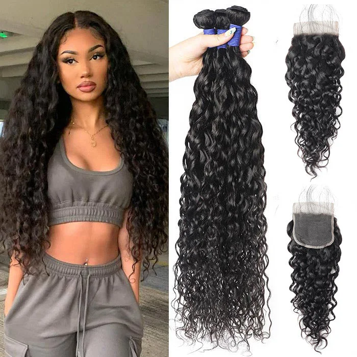 Medium - length wig with a middle - part for a classic and elegant styleWater Wave Hair 3 Bundles With Closure 100% Virgin Human Hair Extensions With 4x4 lace Closure