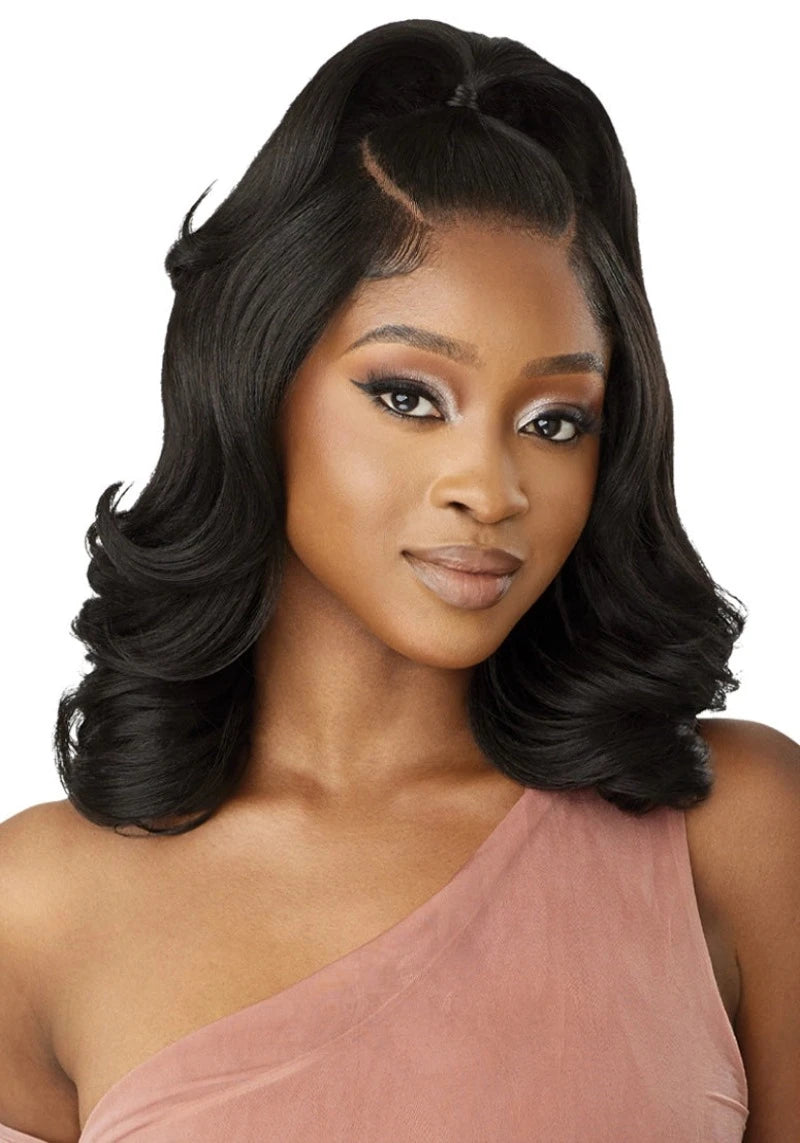 Medium - length wig with a straight texture for a sleek and modern lookOutre Human 100% Hair Blend 5X5 Lace Closure Wig BODY WAVE 16"