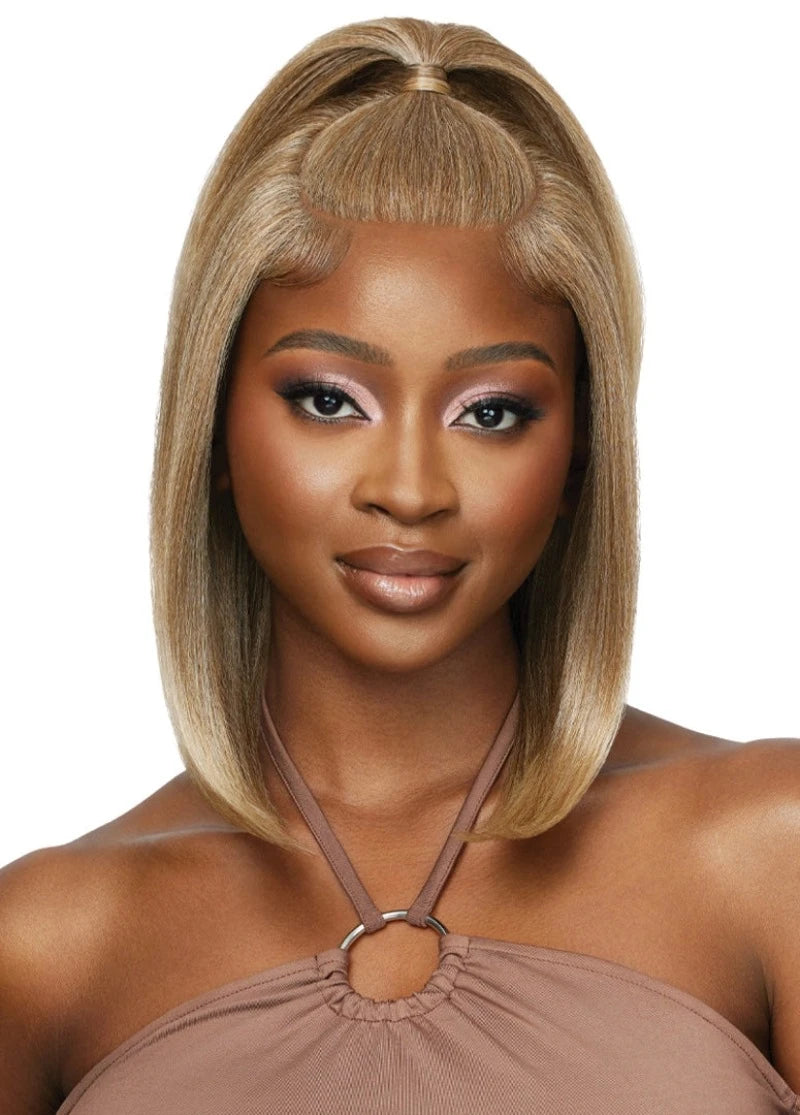 Medium - length wig with a natural - looking root for a more realistic lookOutre Human 100% Hair Blend 5X5 Lace Closure Wig NATURAL YAKI 14"