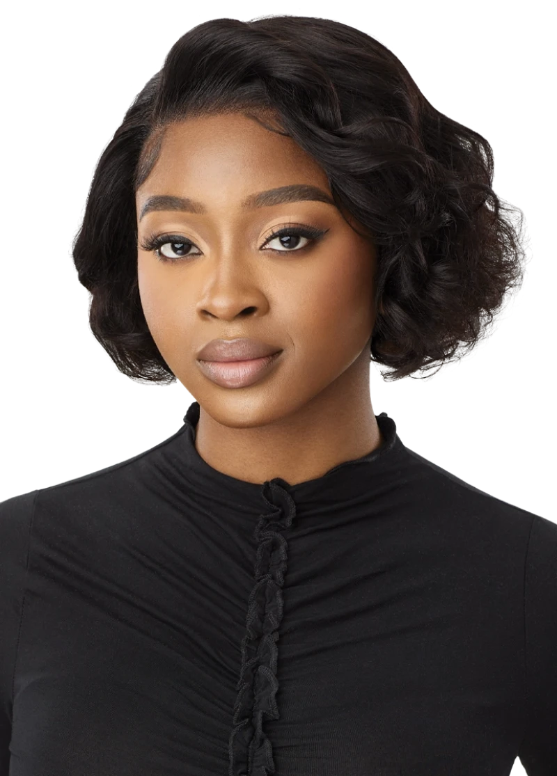 Medium - length wig with a wispy fringe for a soft and feminine lookOutre My Tresses Black Label Premium 100% Unprocessed Human Hair HD 13x4 Lace Front Wig VIRGIN WAVY BOB 10"