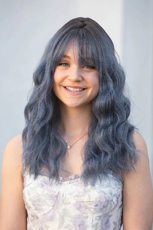 Medium - length wig with a side - part for a more flattering lookPastel Blue Ombre Wavy Synthetic Wig with Bangs Odeta