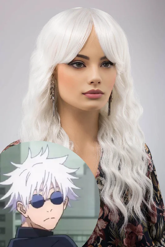 Medium - length wig with a side - part for a more flattering lookPearl White Wavy Synthetic Wig with Bangs Marlon Gojo Look