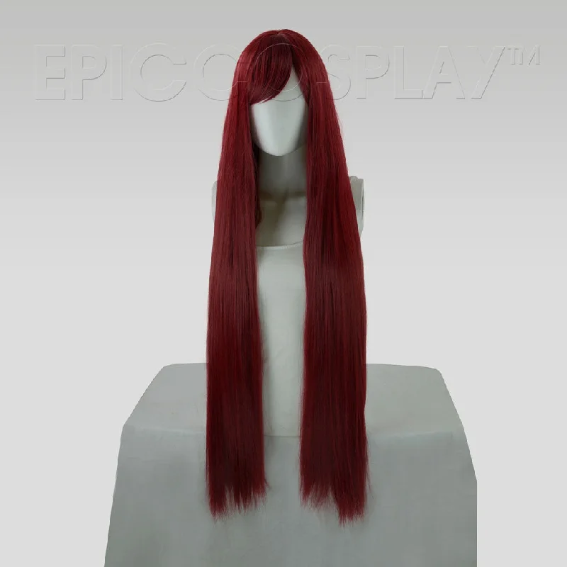 Long - length wig with a curly fringe for a playful and youthful vibePersephone - Burgundy Red Wig