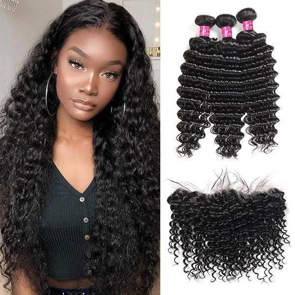 Medium - length wig with a silk - base cap for a comfortable and smooth feelDeep Wave Bundles with Frontal Peruvian Hair 3 Bundles with 13x4 Lace Frontal Closure