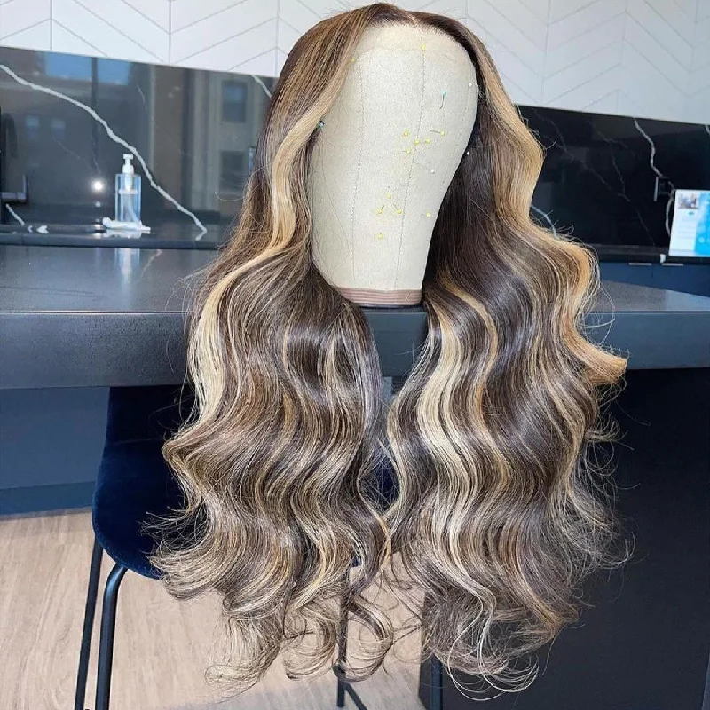 Medium - length wig with a wispy fringe for a soft and feminine lookPeruvian Hair Blond Mix Brown Color Body Wave Full Lace Wig