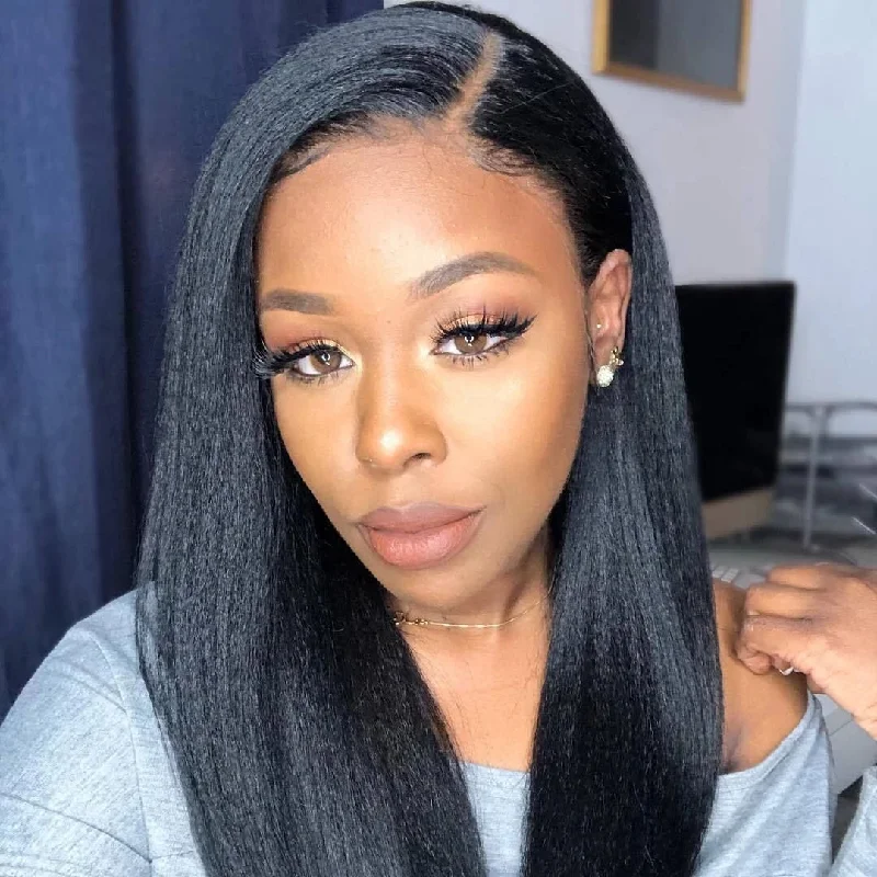 Medium - length wig with a honey - blonde color for a warm and sunny appearancePeruvian Hair Black Color Lace Front Wig Yaki