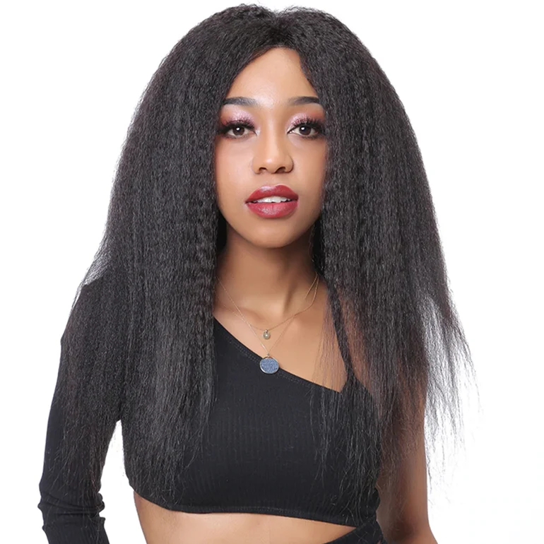 Medium - length wig with a natural - looking root for a more realistic lookPeruvian Hair Natural Color Long Hair Lace Front Wig Yaki