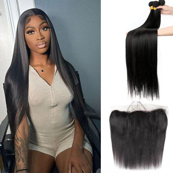 Medium - length wig with a side - part for a more flattering lookStraight Hair Bundles with Frontal Peruvian Human Hair 3 Bundles with 13x4 Lace Frontal Closure