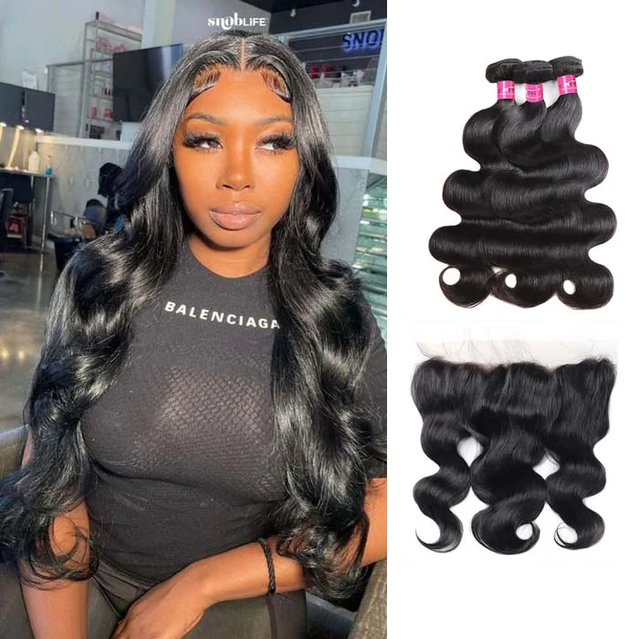 Medium - length wig with a wavy texture for a beachy and relaxed lookPeruvian Human Hair Bundles with Closure Body Wave 3 Bundles with 13x4 Lace Frontal Closure