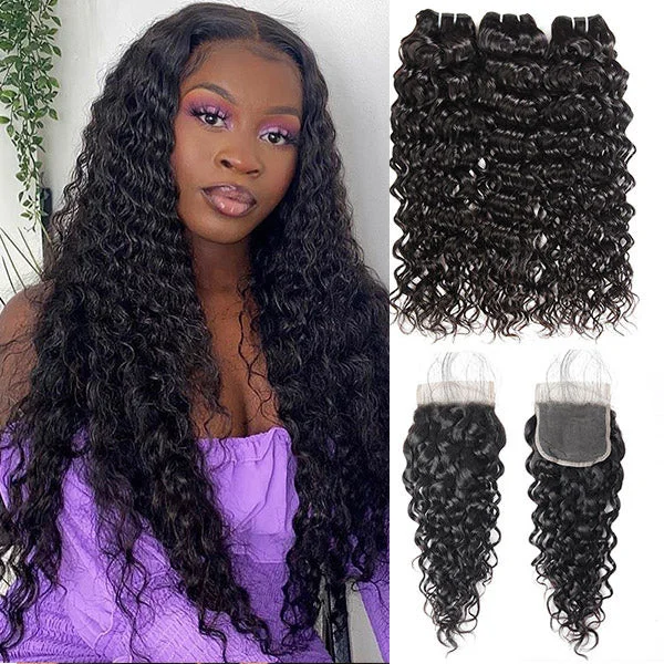 Medium - length wig with a wispy fringe for a soft and feminine lookPeruvian Water Wave Hair 3 Bundles with 4x4 Lace Closure