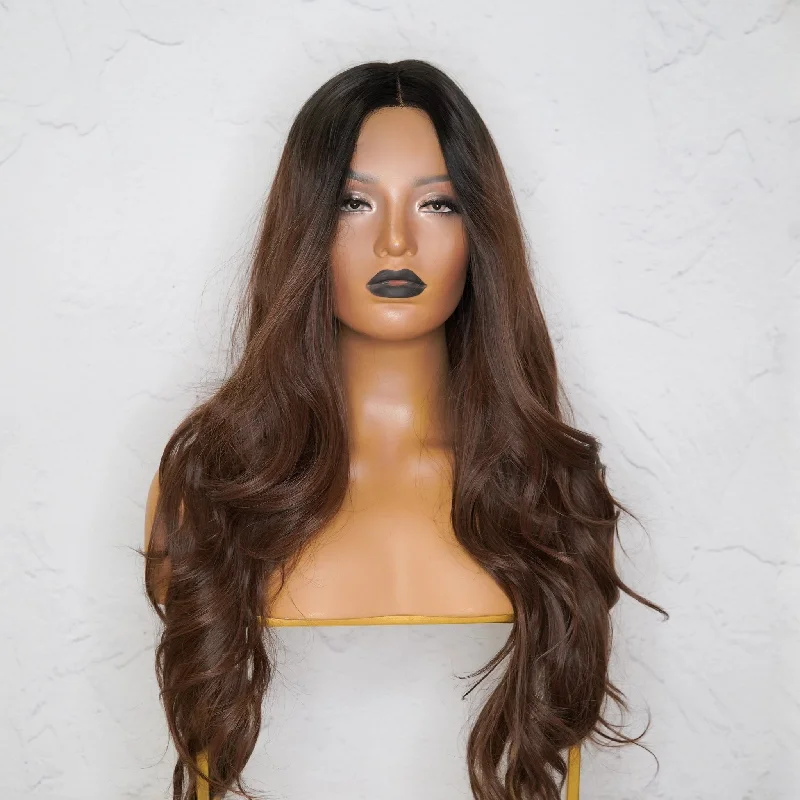 Long - length wig with a wavy texture for a beachy and romantic lookPETA Dark Brown Lace Front Wig