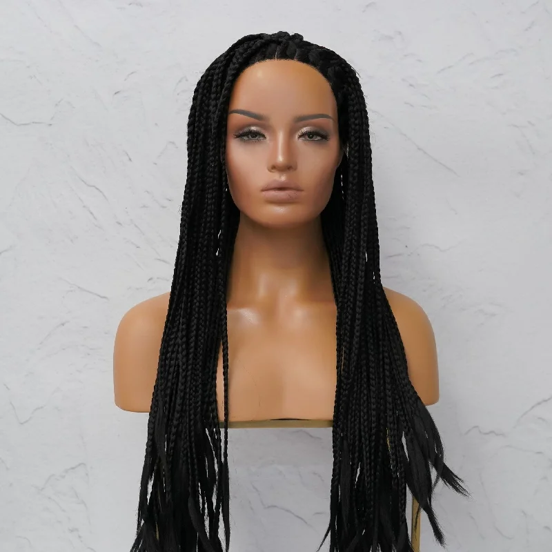 Human - hair long - length wig for a natural and luxurious feelPHOENIX BLACK Braided 26" Lace Front Wig