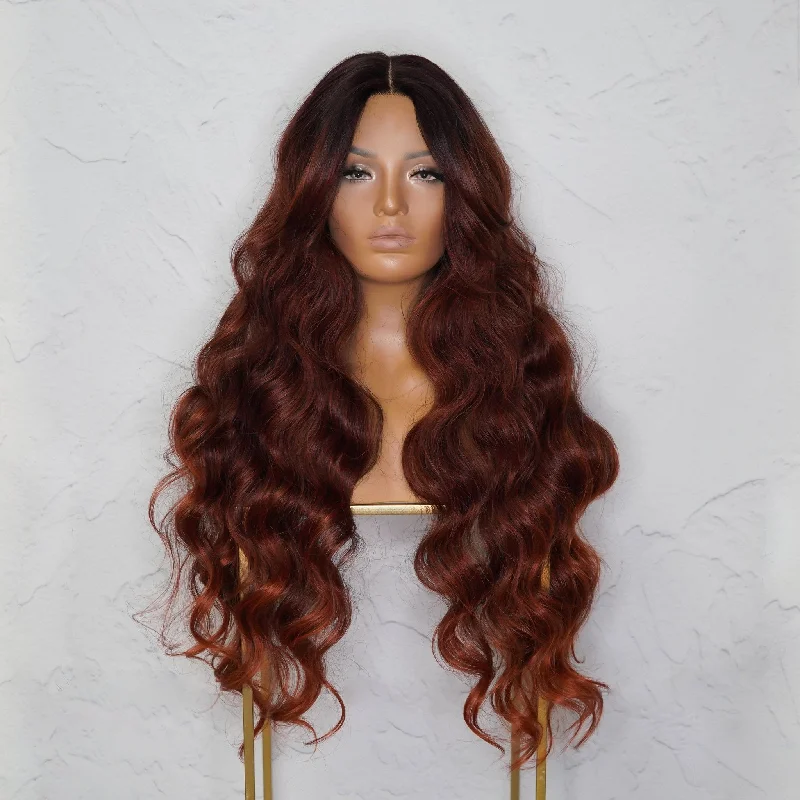 Long - length wig with a curly texture for a bold and stylish choicePIPER Burgundy Lace Front Wig