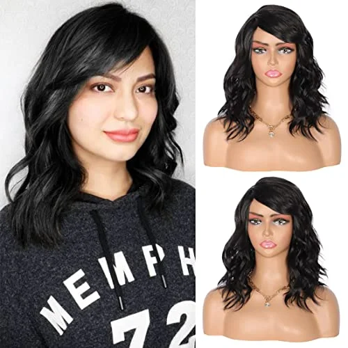 Medium - length wig with a 180 - density for a full and thick appearancePremium Heat Resistant Wavy Synthetic Wig with Side Part