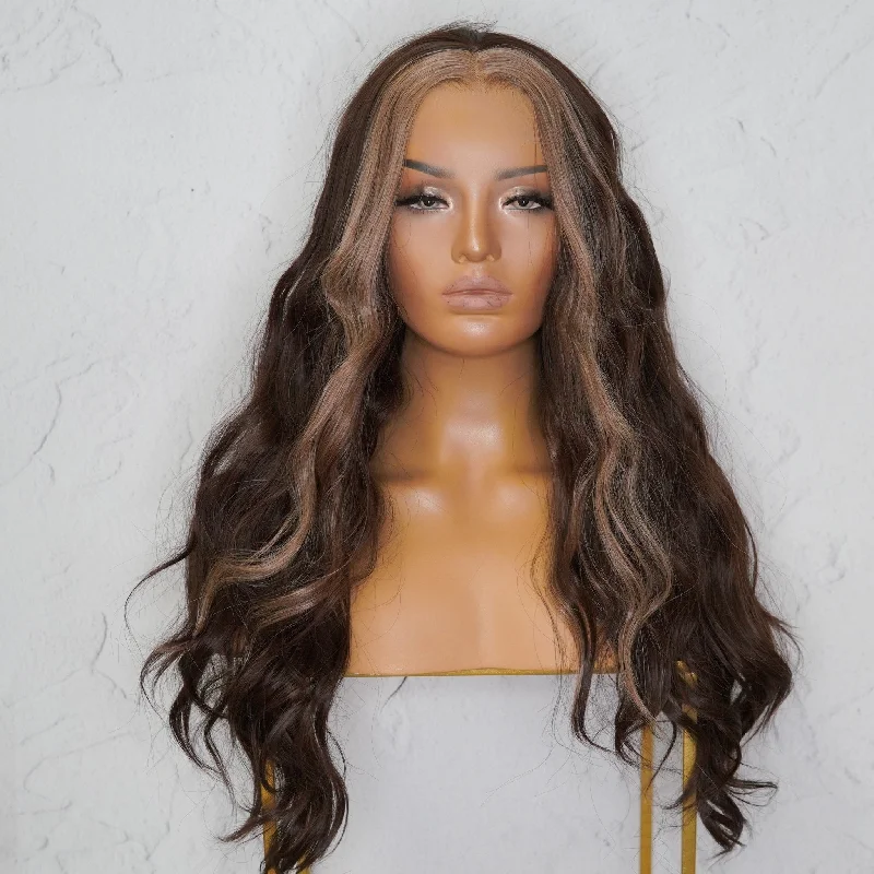 Long - length wig with a side - swept bang for a sophisticated lookRINATA Ombre Brown Lace Front Wig