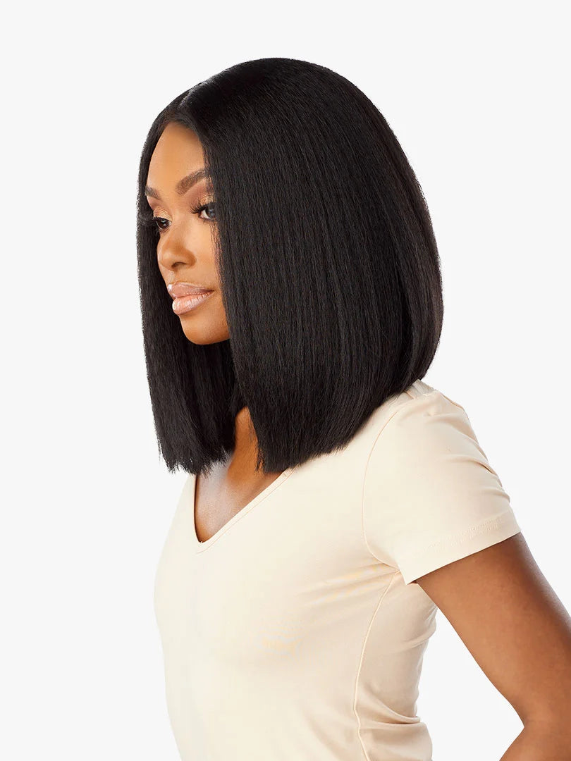 Medium - length wig in a jet - black color for a classic appearanceSensationnel Curls Kinks Glueless HD 13x6 Lace Front Wig 13x6 KINKY BOB 14