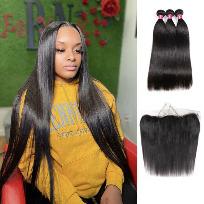 Adjustable - cap medium - length wig for a comfortable fitHD Lace Frontal with Bundles Brazilian Straight Hair 3 Bundles with 13x4 Lace Frontal Closure