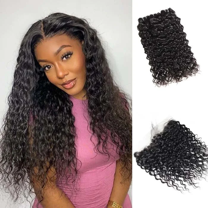 Medium - length wig with a curly texture for a bold and stylish choiceBrazilian Water Wave 3 Bundles with 13x4 Lace Frontal HD Lace Hair Human Hair Bundles