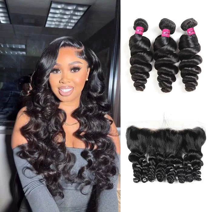 Medium - length wig with a wispy fringe for a soft and feminine lookPeruvian Hair Loose Wave 3 Bundles with 13x4 Lace Frontal Closure